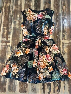 Boston Proper Black Floral & Paisley Fit-and-Flare Mini Dress